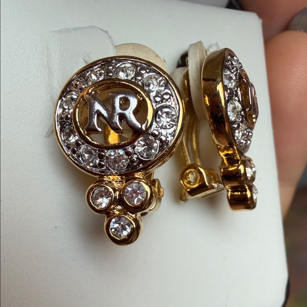 Nina Ricci clip-on earrings set vintage gold & silver tone w. rhinestones logo